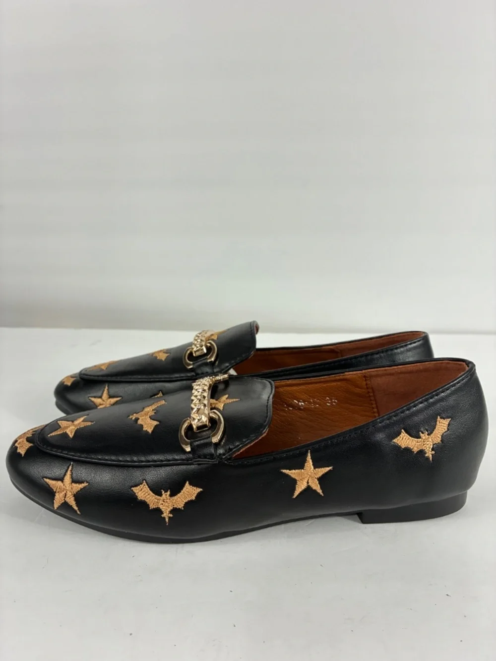Bat Star Embroidered Loafers Black Horsebit Flat Slip On Shoes Smooth Leather